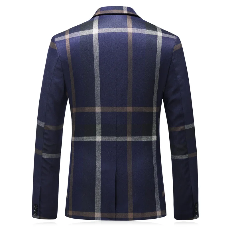 Мужской облегающий костюм в клетку темно синий пиджак под смокинг 3 предмета