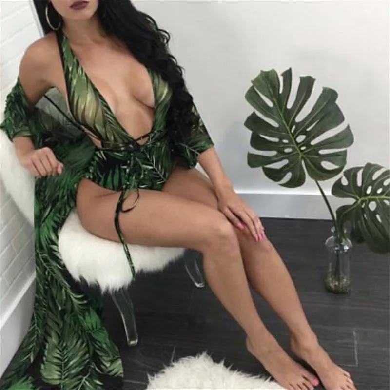 2017 Женский купальник + накидка пляжный кардиган с зелеными линиями вырезом