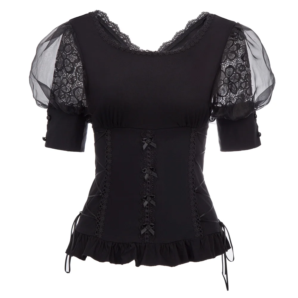 Crew neck Corset tops Retro Shirt Evening party Ladies Blouse Bandage V-back Ruffled hem Casual Womens Fashion | Женская одежда