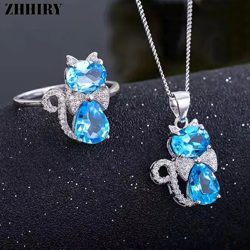 

ZHHIRY Real Natural Blue Topaz Jewelry Sets 925 Sterling Silver Ring Necklace Pendant For Women Gemstone Fine Jewelry Cat Shape