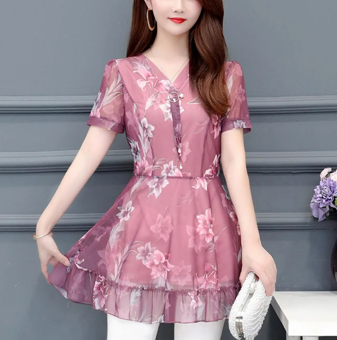 

2019, модные летние блузки, женские рубашки, размера плюс, Цветочные Топы, женские шифоновые блузки с коротким рукавом, женская блузка с оборка...