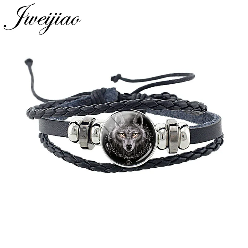 

JWEIJIAO Fashion Wolf Animal Woven Leather Bracelet Glass Cabochon Charm Unisex Bracelet For Women Man Punk Jewelry Gift D1403