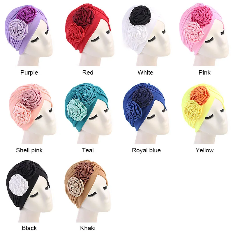 

Muslim Two Flowers Stretch Turban Ruffle Hair Hats Beanie Bandanas Scarf Head Wrap Headwear for Women 26