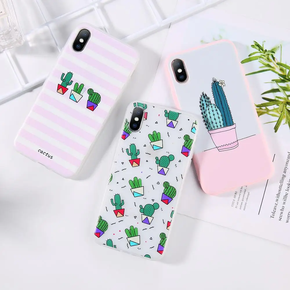 Leaf Print Phone Case for iPhone X 6 6s 7 8 Plus XR XS Max Cute Green Cactus Plants Potted Cartoon Soft TPU Rubber Silicon |