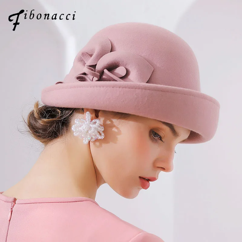 

Fibonacci High Quality Wool Fedora Hats For Women Flanging Floral Felt Fedoras Winter Hat Dome Elegant Banquet Cap