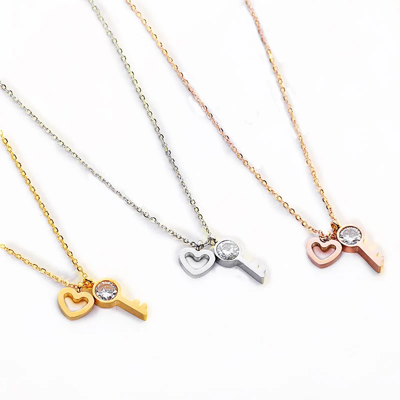 Женское Ожерелье в форме сердца и ключа из циркония Pandent розовое золото Tiff модные
