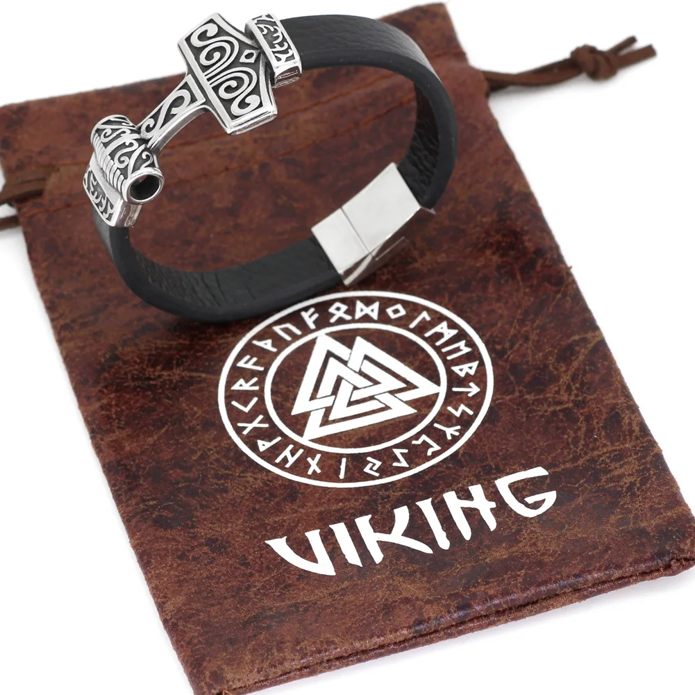 Мужской браслет Молот Тора MJOLNIR из натуральной кожи нержавеющая сталь с