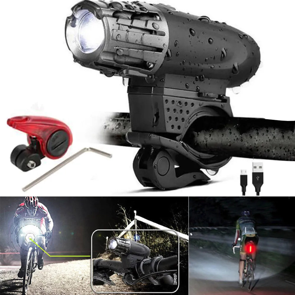 USB Rechargeable LED Bicycle Bright Bike Front Headlight And Brake Light Set Max.200 Lumens 30-50m Waterproof Plastic #5S07 | Спорт и
