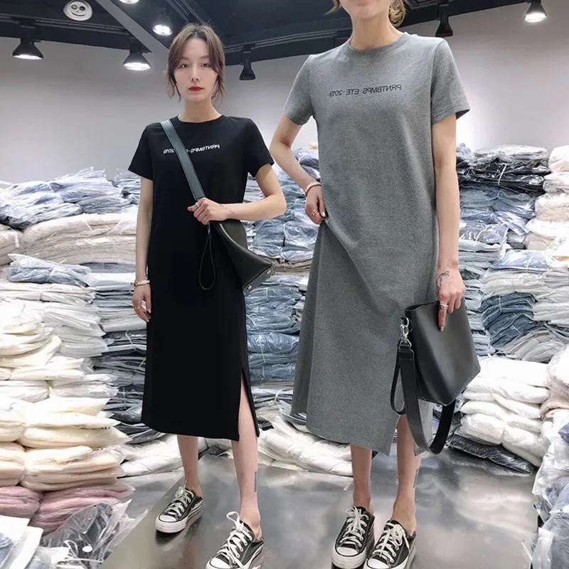 Женское элегантное платье с разрезом сбоку футболка 2019 винтажные повседневные