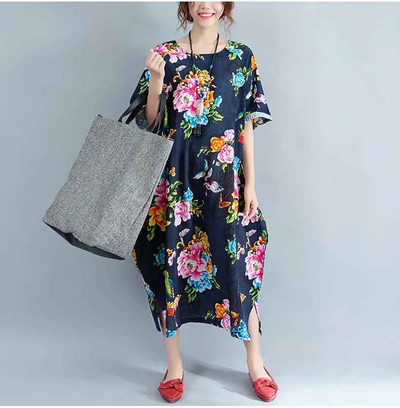 Lagenlook хлопок и лен цветочный джемпер средней длинное платье дамы 2018 Лето 4xl-6XL плюс