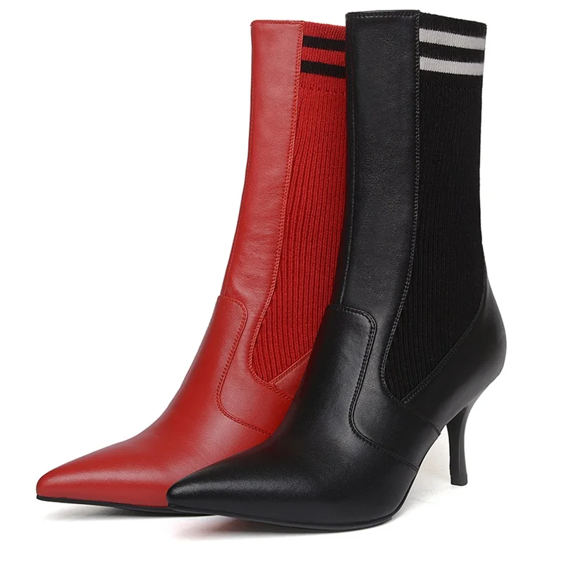 women mid calf boots hot selling autumn warm mixed colors point toe pumps thin high heels 7 cm comfort genuine leather shoes | Обувь