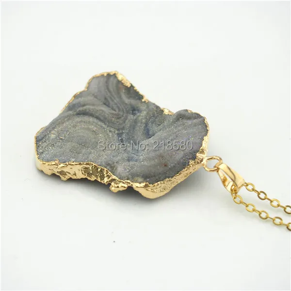 

QN240 Agates Druzy Pendant Necklace gold chains