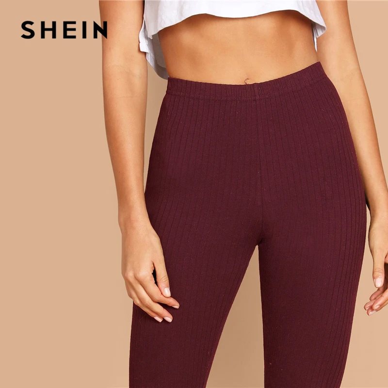 SHEIN/Женские однотонные повседневные леггинсы с высокой талией в рубчик, женские весенне-Осенние эластичные леггинсы для фитнеса, средней талии, обтягивающие базовые кроп-леггинсы