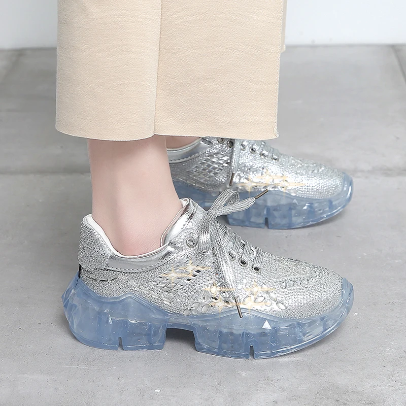 Модные женские туфли блестящие стразы прозрачная обувь на толстой подошве