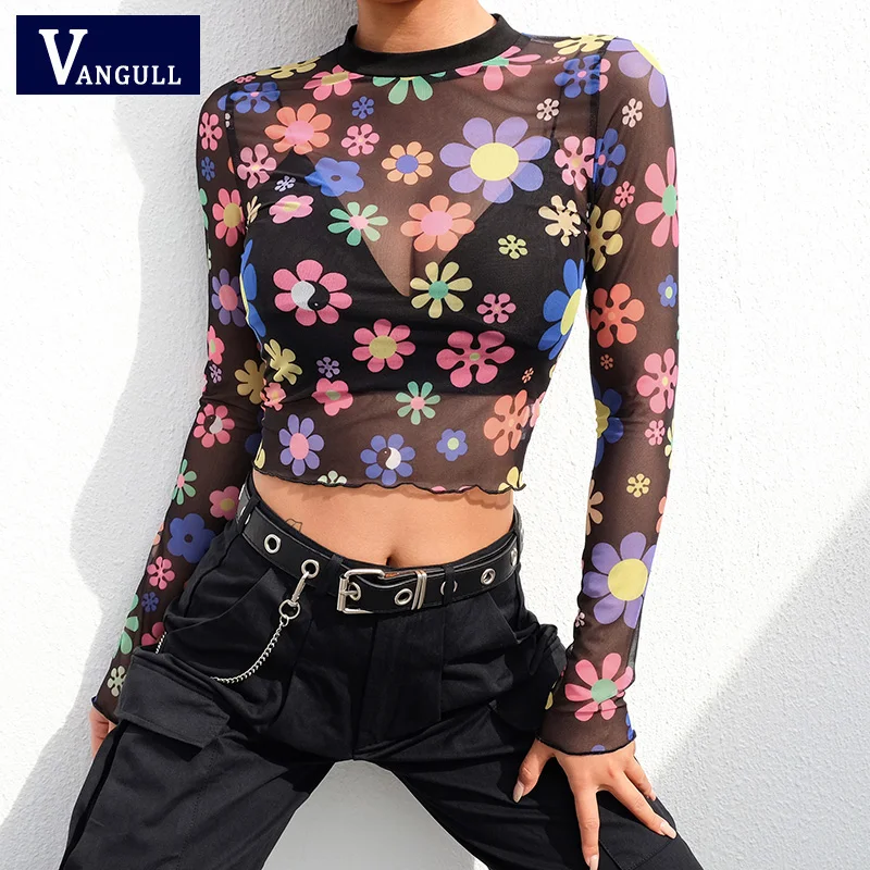 Vangull Black Mesh Сексуальная футболка Для женщин с длинными рукавами принтом Короткие