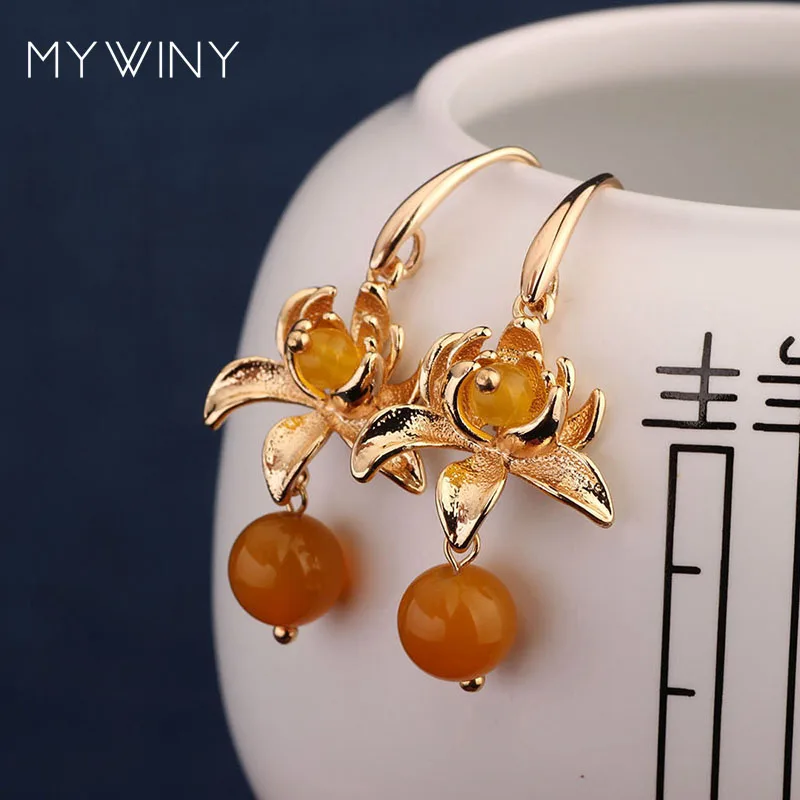 orange MYWINY новые серьги с цветами ювелирные изделия pistil, природные камни Модные Винтажные серьги - Окраска металла: orange