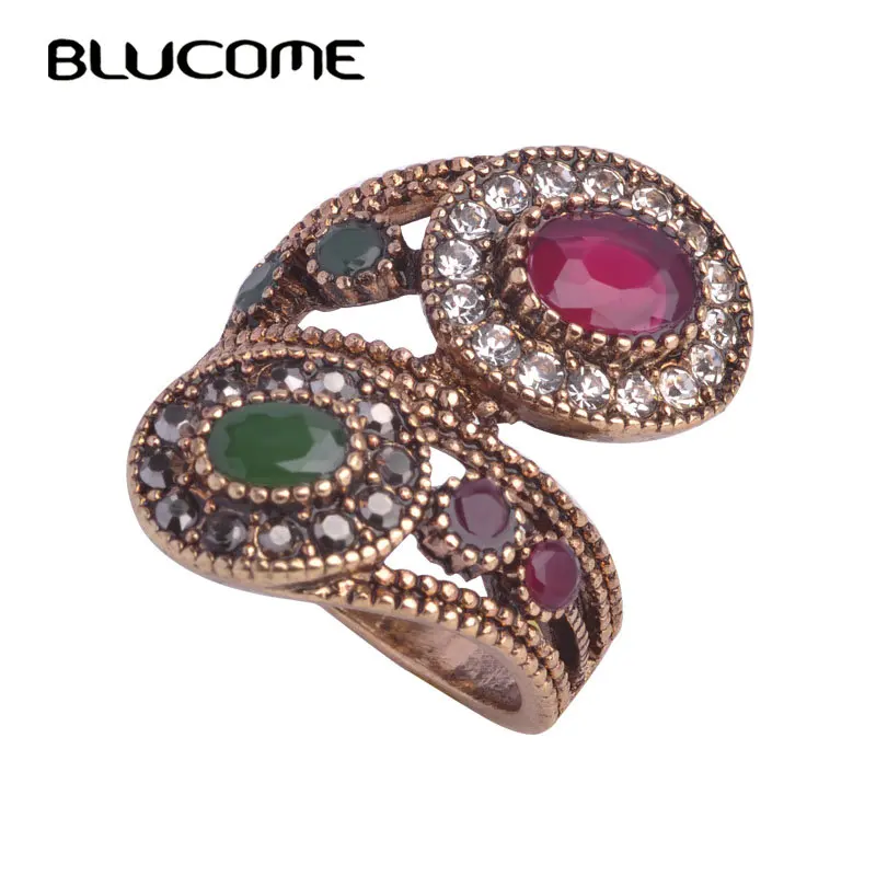 

Blucome Women Best Gifts Brand Turkish Rings Antique Gold-color Vintage Jewelry Red Resin Crystal Ring Anel Bijoux Free Shipping