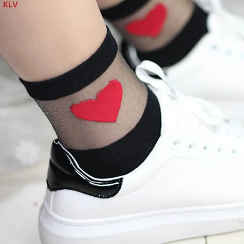 

KLV Summer Love Heart Ankle Socks Women Girl Transparent Lace Cotton Casual Elastic