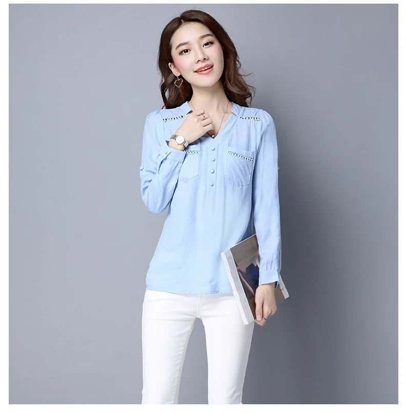 Plus Size V-Neck Casual Female Blouse Shirt Women Basic Long Sleeve Tops Linen and Cotton White Pink Blue Blusa Blouses |