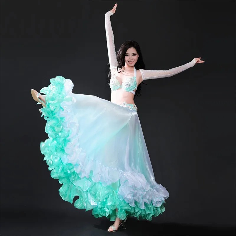 Танец живота одежда Профессиональный Bellydance платье представление костюм сексуальный один разрез: бюстгальтер и пояс и юбка и рукав 4 шт. комплект