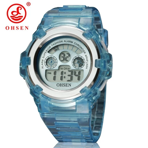 Blue watch OHSEN брендовые спортивные жк-часы, наручные часы для детей, девочек, цифровой дисплей, силиконовый ремешок для дайвинга, розовые милые модные цифровые часы - Цвет: Blue watch