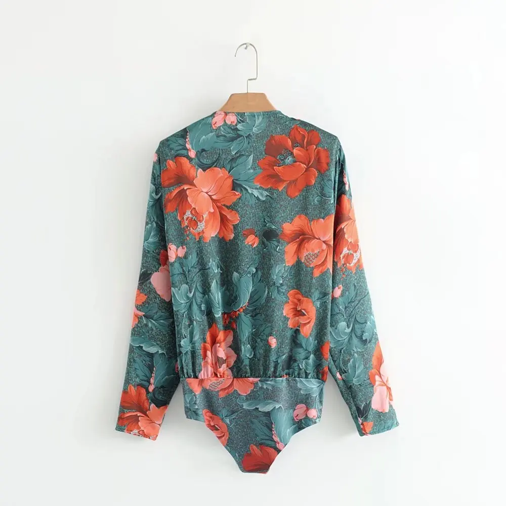 NSZ Women Sexy Bodysuit Print Floral Pleated Elastic Waist Deep V Neck Long Sleeve Party Bodysuits |
