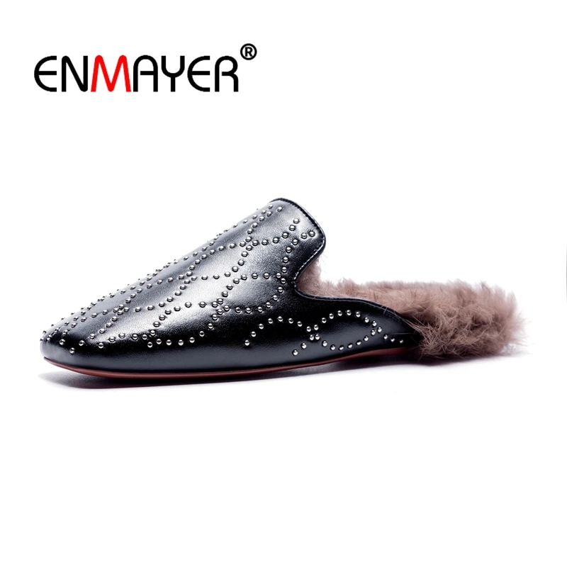 

ENMAYER Women Flats Shoes Autumn Square Toe Slip-on Size 34-39 Causal Black Shoes for woman Flats Shoes Fuax fur Warm CR1406