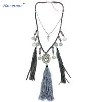 new vintage tibetan silver jewelry leather long fringe tassel pendents necklaces for women boho chic ethnic statement necklace