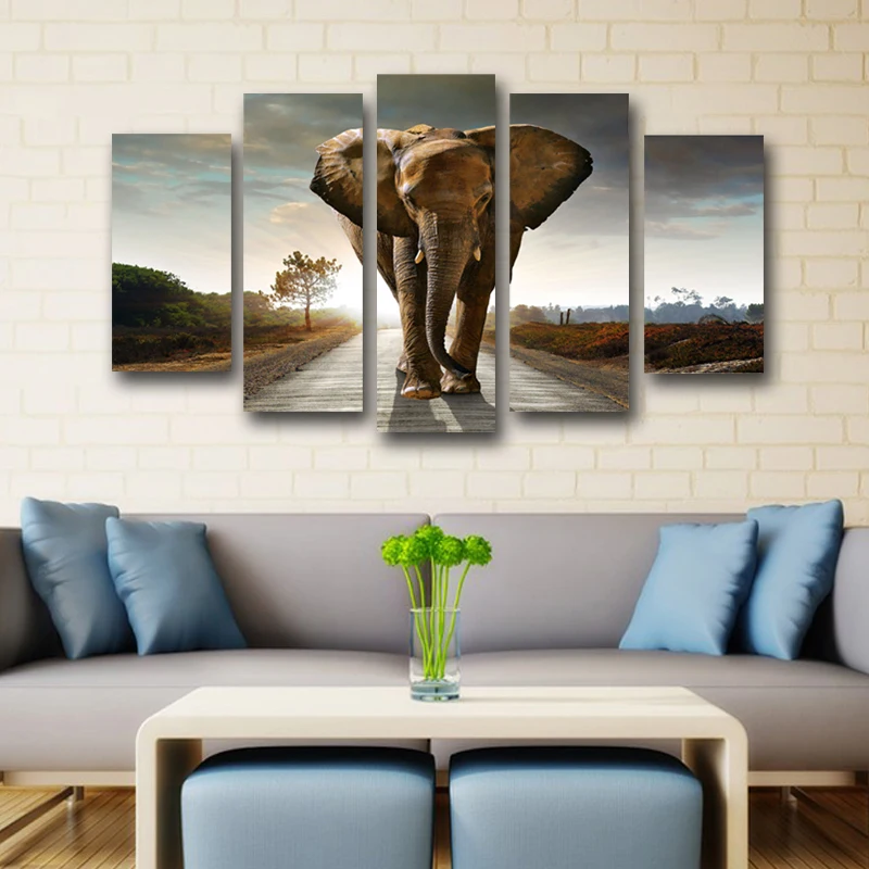 5 панелей холст печать Слон ходьба картина для гостиной стены Искусство