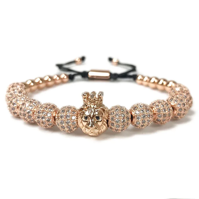 2018 New Fashion Lion Crown &amp 8MM CZ Ball Beads Braiding Charm Bracelets For Men Women Jewelry Pulseira Masculina | Украшения и