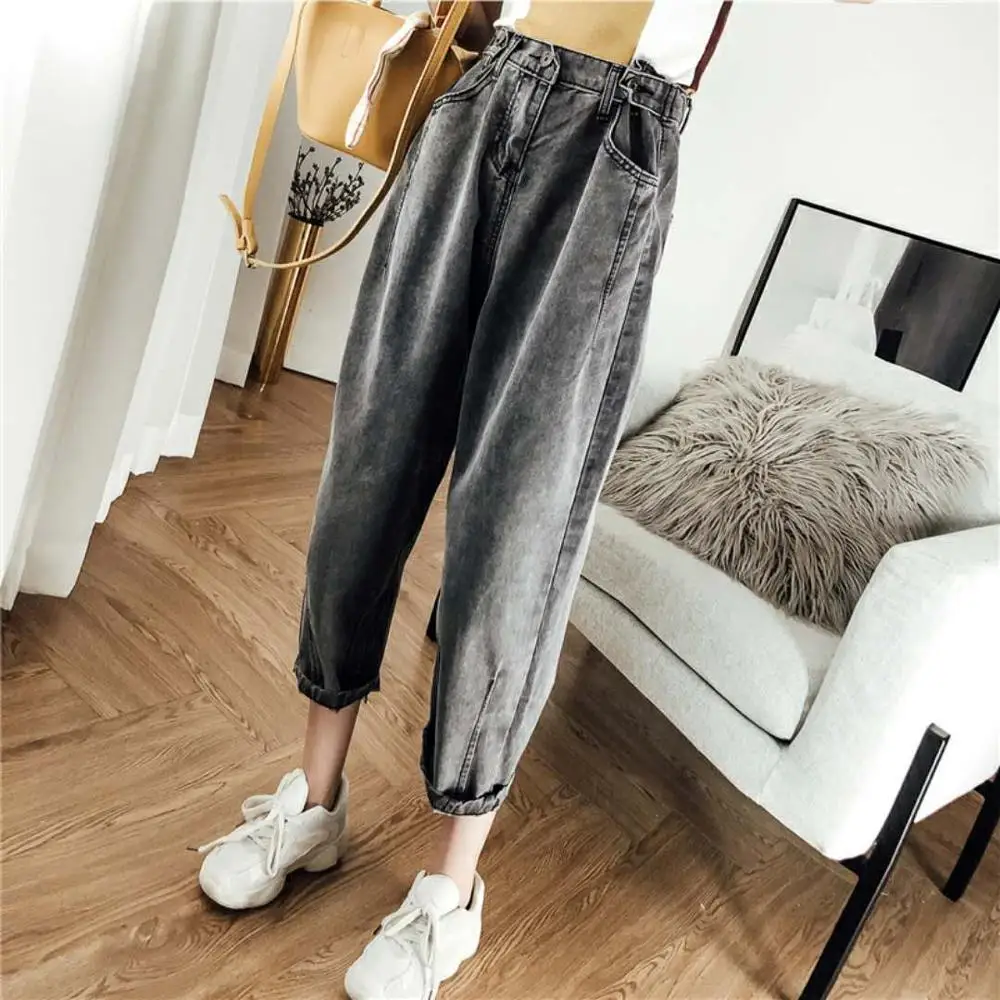 dark gray Джинсы размера плюс 5XL, женские штаны-шаровары, повседневные свободные винтажные Джинсовые штаны с высокой талией, женские джинсы до щиколотки - Цвет: dark gray