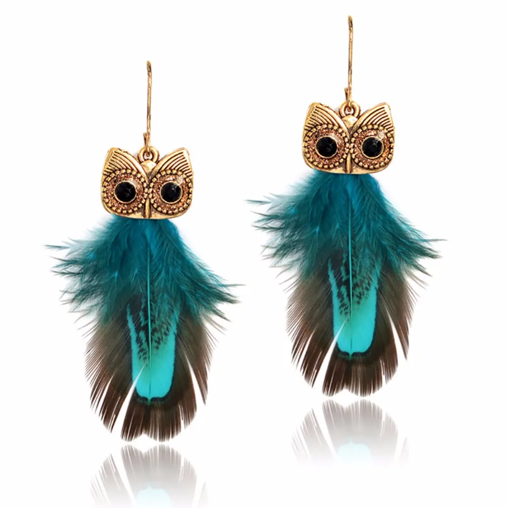 1 Pair Bohemia Owl Peacock Feather Crystal Earrings Dangle Earring Fashion Jewelry #249229 | Украшения и аксессуары