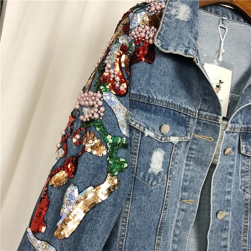 Spring Autumn Casual Denim Jacket Women Embroidery Floral Beading Pearl Sequin Patch Epaulet Ripped Hole Bomber Jeans coat NZY27 | Женская