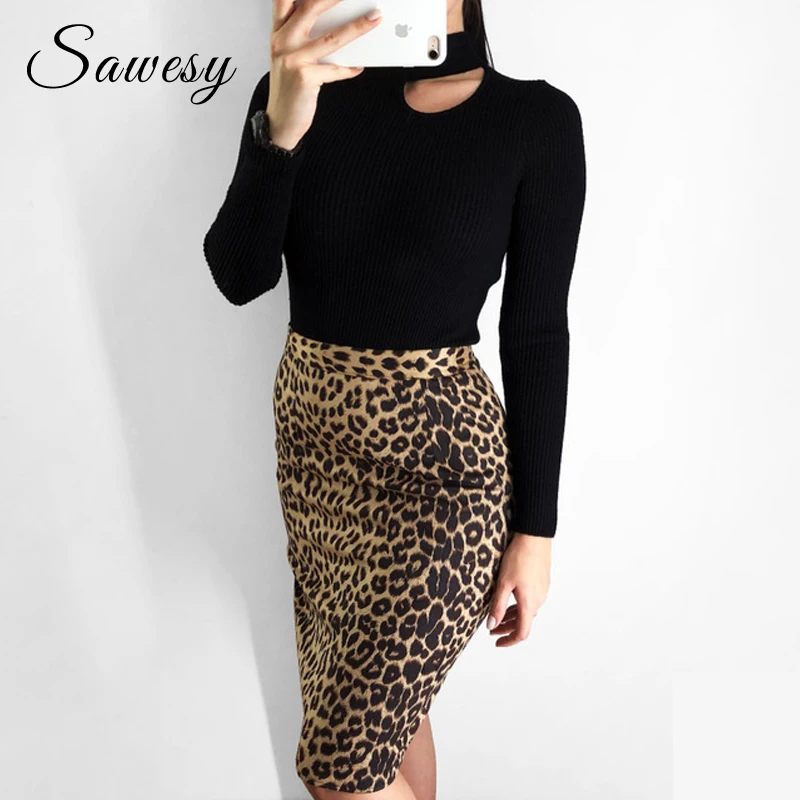 Высокая Талия леопардовая юбка Для женщин 2018 Мода осень-зима Юбки-карандаши