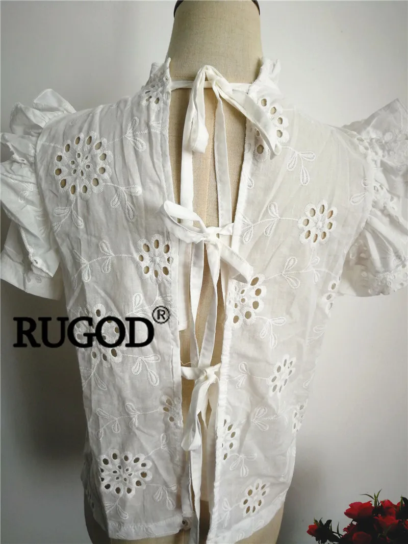 RUGOD летняя одежда полые кружевные женские топы и блузки с коротким рукавом с вышитыми цветами женские блузки