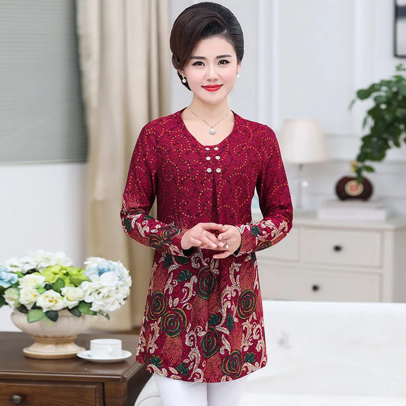 5xl floral top tshirt for women 2020 spring fall new plus size middle age mother long sleeve pullover casual loose bottom shirt | Женская