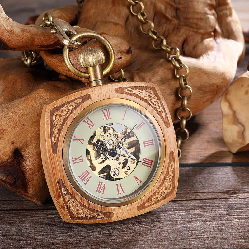 Часы наручные механические для мужчин и женщин деревянные карманные с цепью
