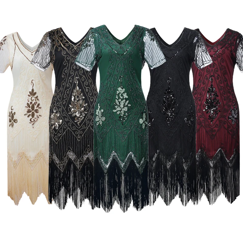 Платье Гэтсби 1920-х годов Женское V-образное коктейльное платье Vintage с пайетками и бахромой с рукавом на выпускной.