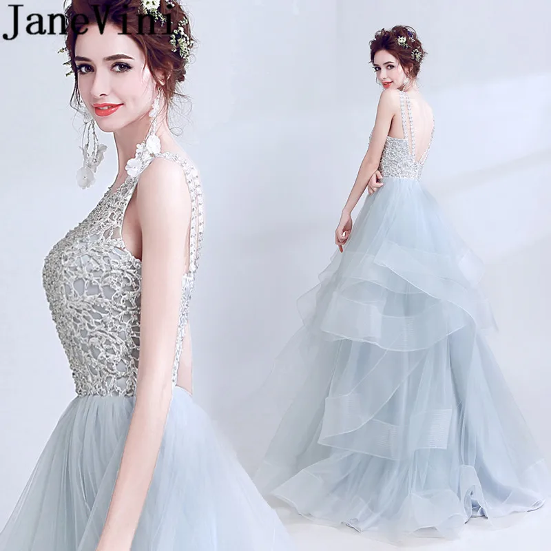 

Роскошные Длинные платья подружки невесты с серебристыми и серыми бусинами, трапециевидные Многоярусные оборки, сексуальное женское платье с открытой спиной