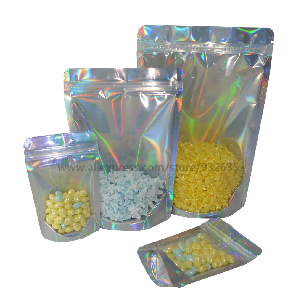 

One Side Clear One Side Laser Rainbow PET Pouches Stand Up Zip lock Bags Food Storage For Cosmetic Gorgeous Packaging 100 Pcs
