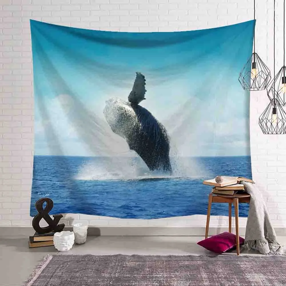 Dancing Whale Printed Wall Hanging Tapestry Shark Blue Sky Sea Tapestries Boho Bedspread Yoga Mat Beach Blanket Home Decorative images - 6
