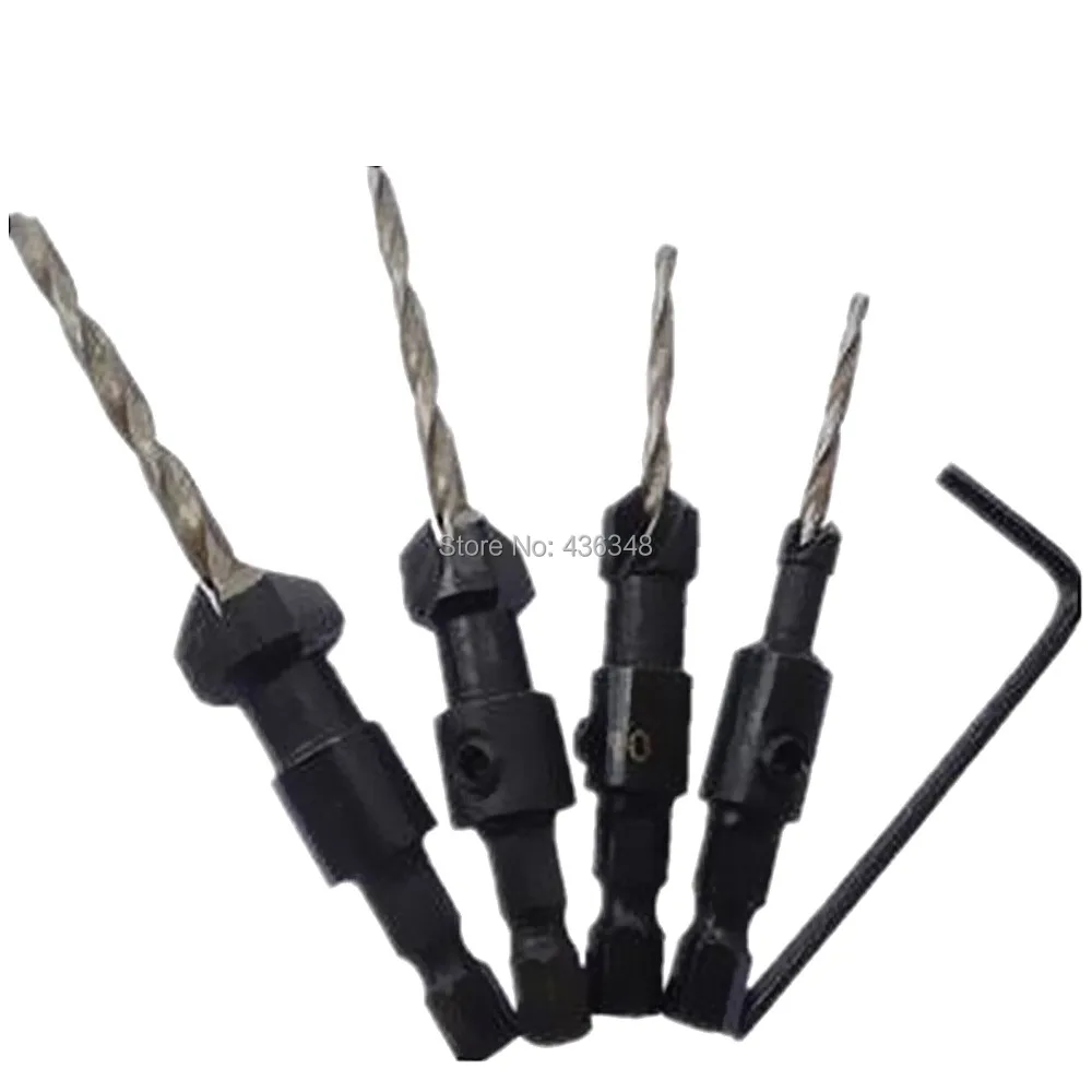 4pc Woodworking Countersink Bit Tapered Point Drill Hole Reamer 1/4&quot Hex Shank #6 #10 #13 #16 Pilots Adjustable Counter Sink |