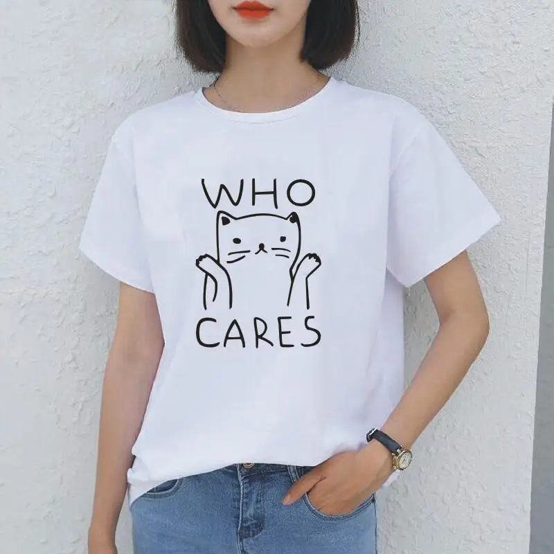 Забавная футболка с рисунком кошки Who Cares женские топы летняя коротким рукавом