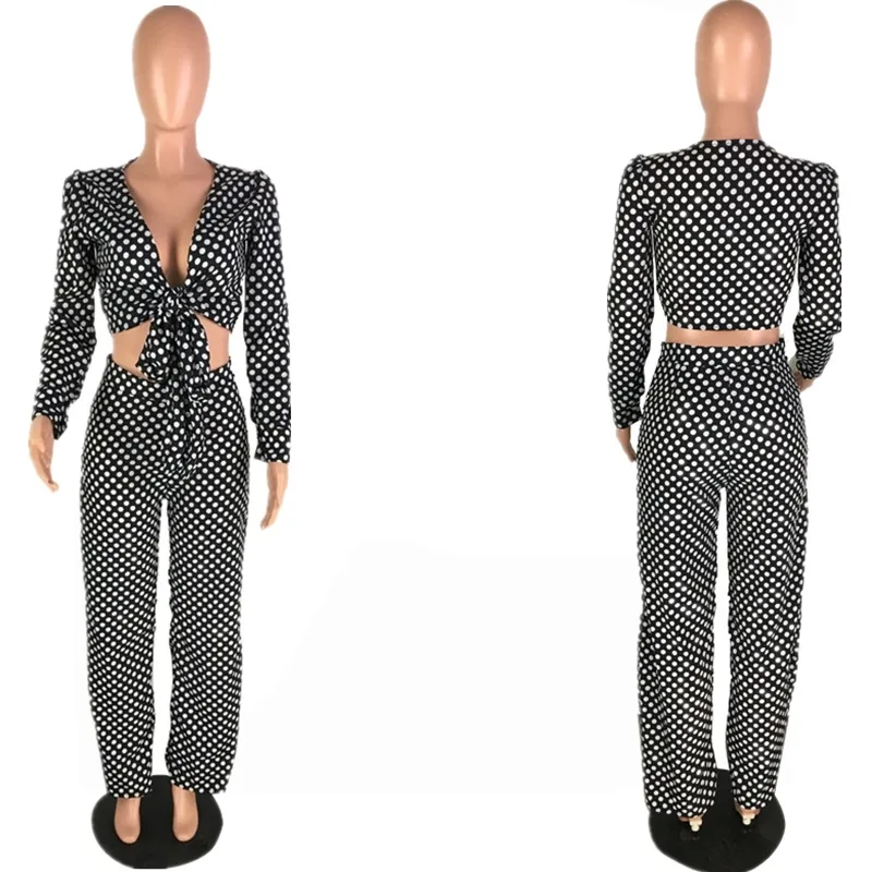 

Cute Lovely Dot Digital Print Women V Neck Top With Pants Women Suits