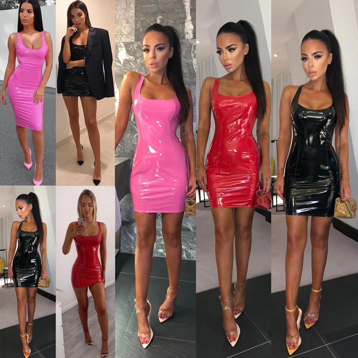 Летнее женское платье Горячая сексуальная искусственная кожа Bodycon Strappy мини-платье Клубная одежда вечернее платье повседневное без рукавов женское Красное Новое