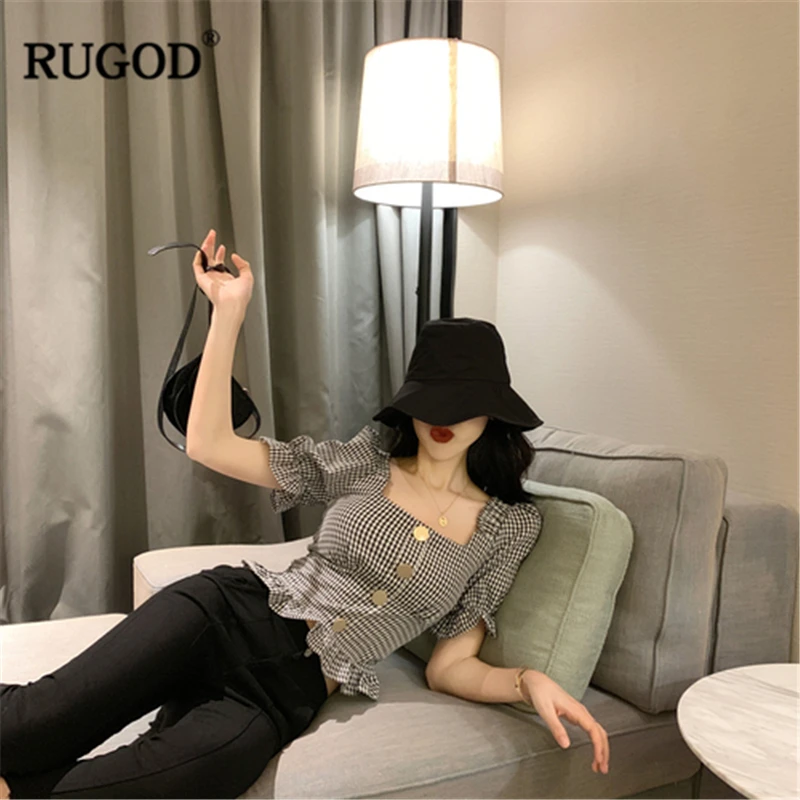 RUGOD 2019 Новая Летняя женская сексуальная клетчатая короткая рубашка с квадратным