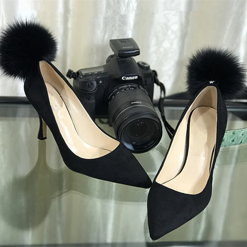 

2017 New Arrival Sexy Shallow Flock Women Pumps Fur Ball Decor High Thin Heel Women Shoes Party Wedding Runway Bridal Shoes