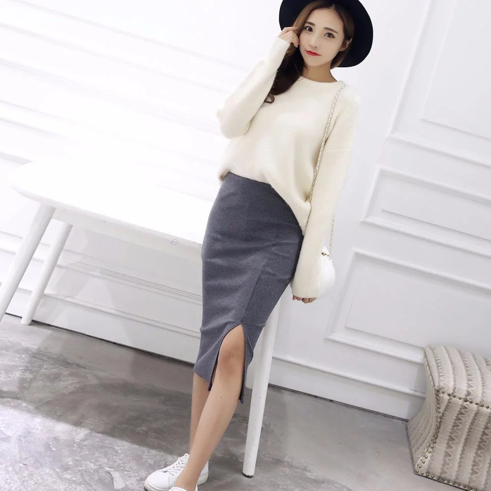Немного толстая Осенняя одежда года сексуальный шик Юбки-карандаши офис выглядеть естественно талии до середины икры одноцветная юбка Повседневное тонкие бедра placketing