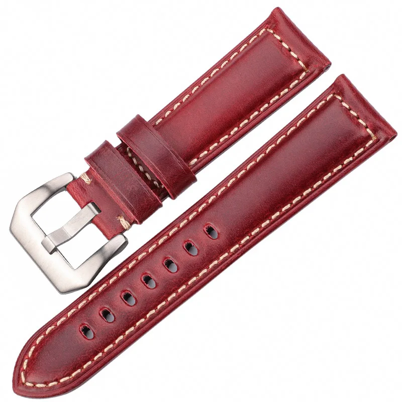 Red Brown Silver Ремешки для наручных часов из натуральной кожи, аксессуары для часов для женщин и мужчин, синий, желтый, красный, коричневый, Воловья кожа, ремешок для часов 20, 22, 24, 26 мм, браслет - Цвет ремешка: Red Brown Silver