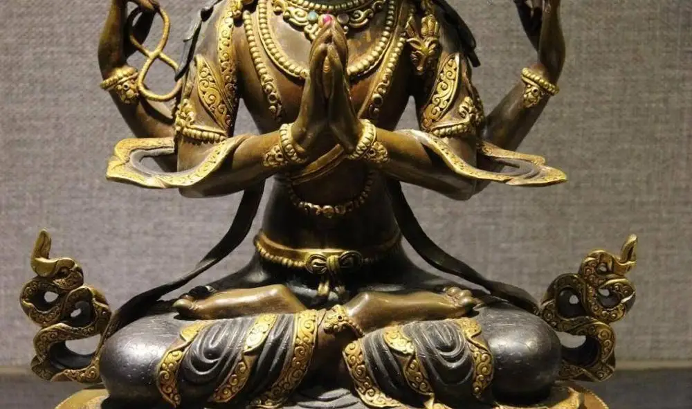 14 тибетская медная бронза 24K Золотая крышка четырехъядерный Avalokitesvara Guan Yin Buddha